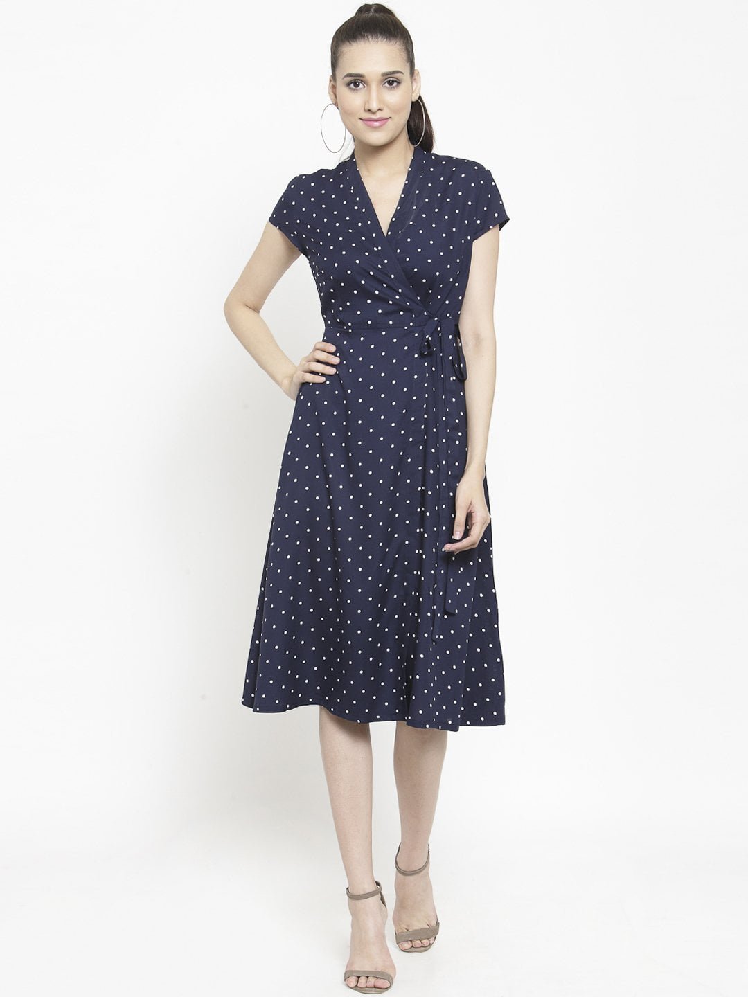 navy polka dot wrap dress